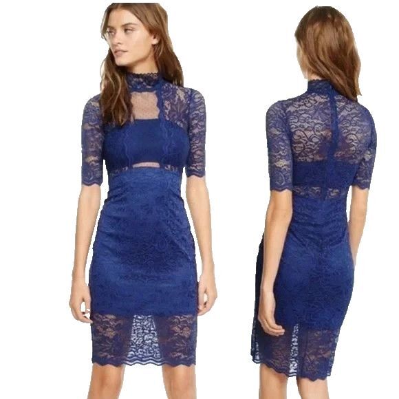 Express Women's Sheath Dress Size 4 Navy Blue Floral Lace Mock Neck Short Sleeve - Picture 7 of 12